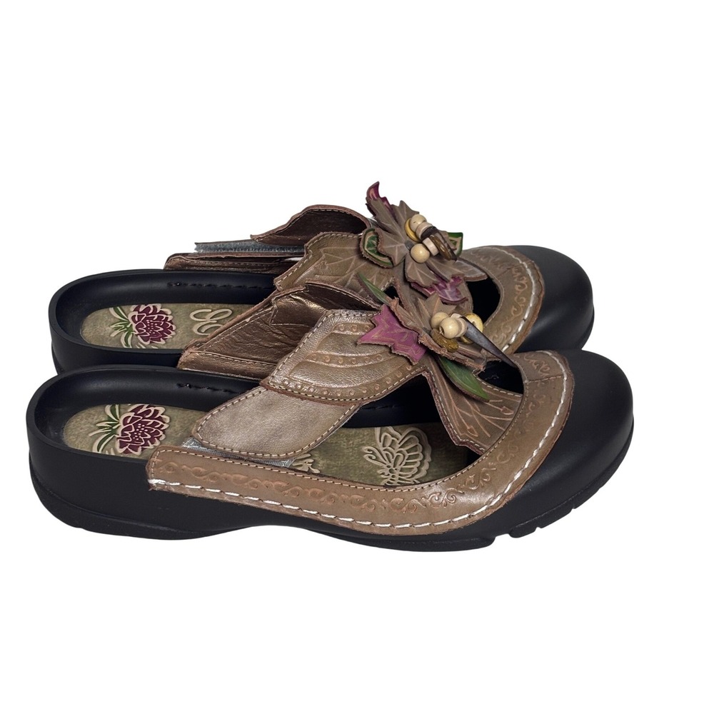 Elite by Corkys Womens Leather Floral Leaf Slide Sandals Mules Sz 7 Boho Festive